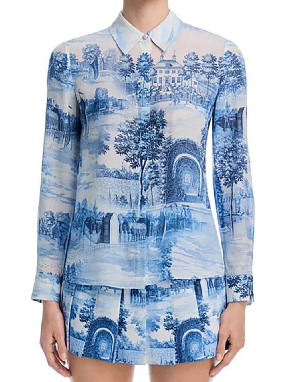 Alice + Olivia Willa Chateau Toile de Jouy Shirt Blouse Silk Blue Floral S